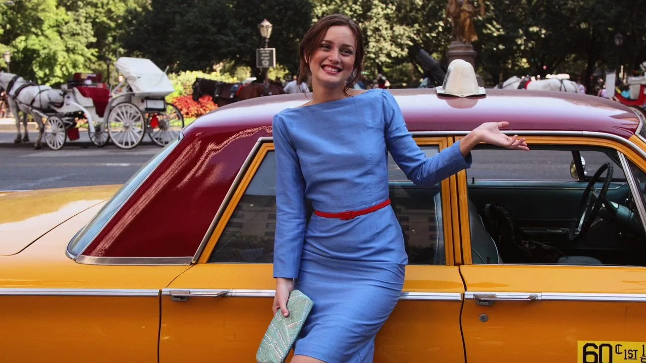 Blair Waldorf posing beside a yellow New York taxi during the Serena and Blair photoshoot scene