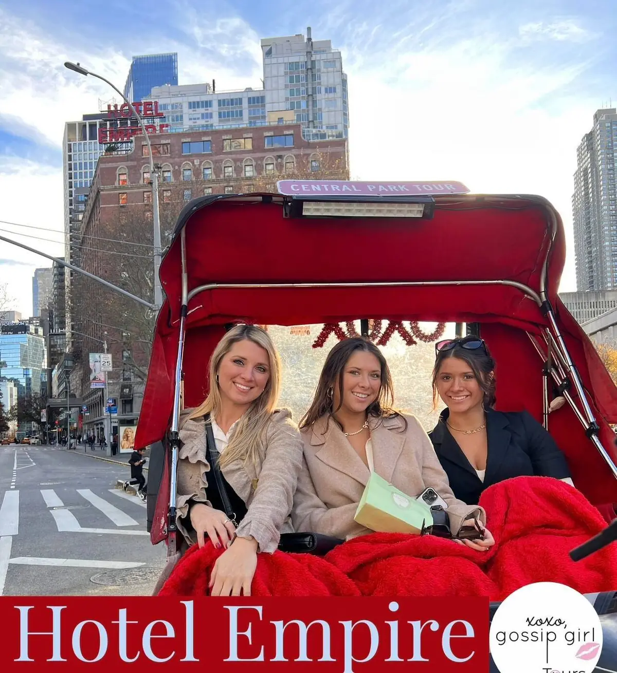 Gossip Girl Tours pedicab guests photographed outside The Empire Hotel in New York City