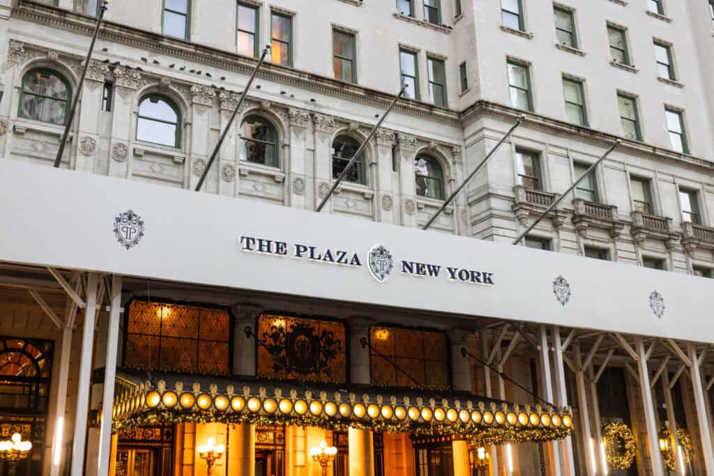 The Plaza Hotel New York entrance with holiday decorations - iconic Gossip Girl Manhattan landmark